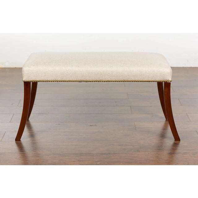 Wood 19th Century English Regency Bench with Saber Legs and Custom Linen Upholstery For Sale - Image 7 of 12