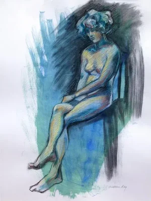 Figure Drawing, Blue Seated Female, Original by Kathleen Ney