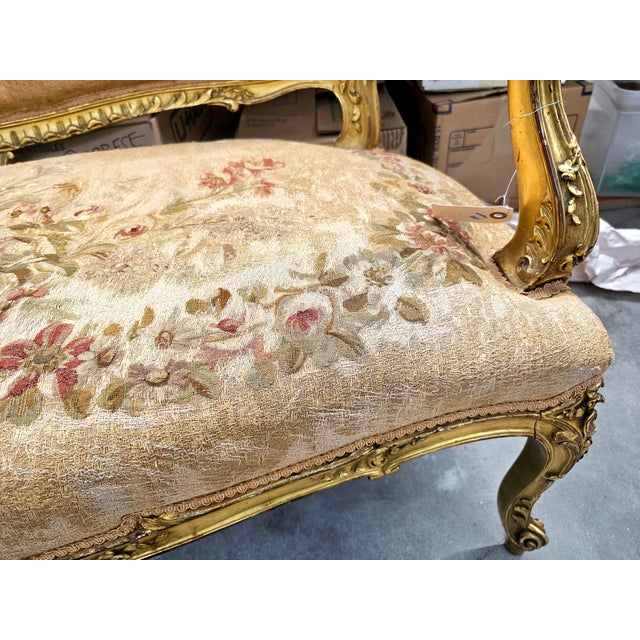 Late 19th Century Louis XV Style French Carved & Tapestry Upholstered Aubusson Settee Circa 1890s For Sale - Image 5 of 16