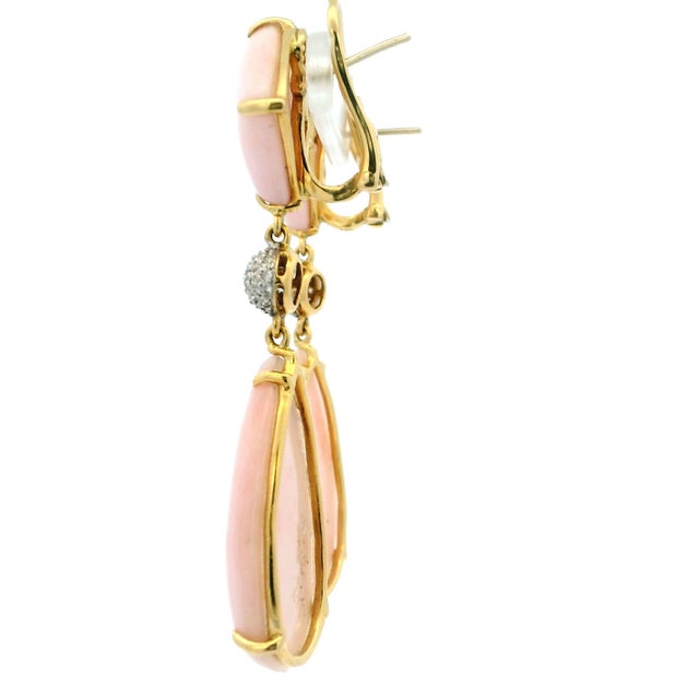 Modern Vintage 1980s 18k Gold Pink Coral and Diamond Drop Earrings, Pair For Sale - Image 3 of 11