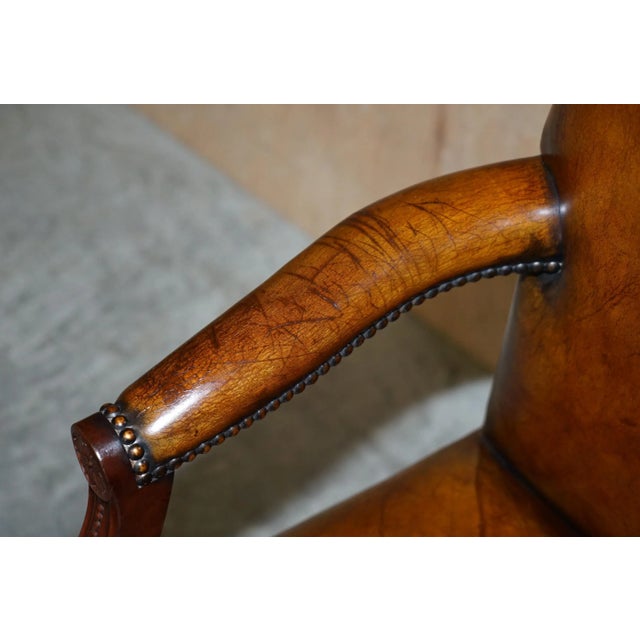 Animal Skin Vintage Brown Leather Oak Framed Captains Directors Armchair For Sale - Image 7 of 17