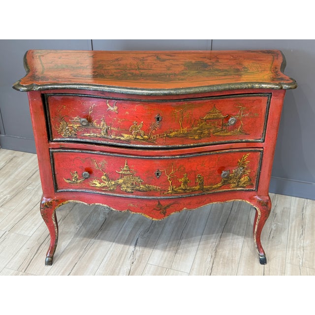 Italian Italian Rococo Style Scarlet Chinoiserie Decorated Commode For Sale - Image 3 of 11