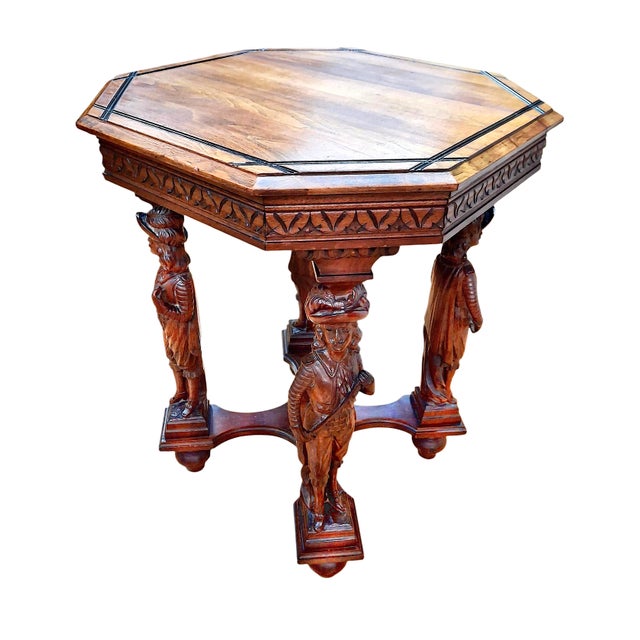 Antique Renaissance Revival Octagon Oak Side Table Atop Four Musketeers For Sale - Image 4 of 11