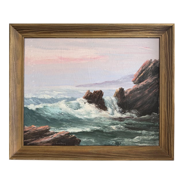 Late 20th Century Framed VTG Oil Painting Seascape Signed Theddy Peterson Coastal Waves Rocks Art For Sale