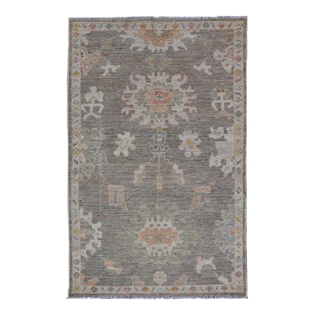Modern Oushak Rug by Keivan Woven Arts in Brown, Cream and Soft Green 3'1 X 5'2 For Sale