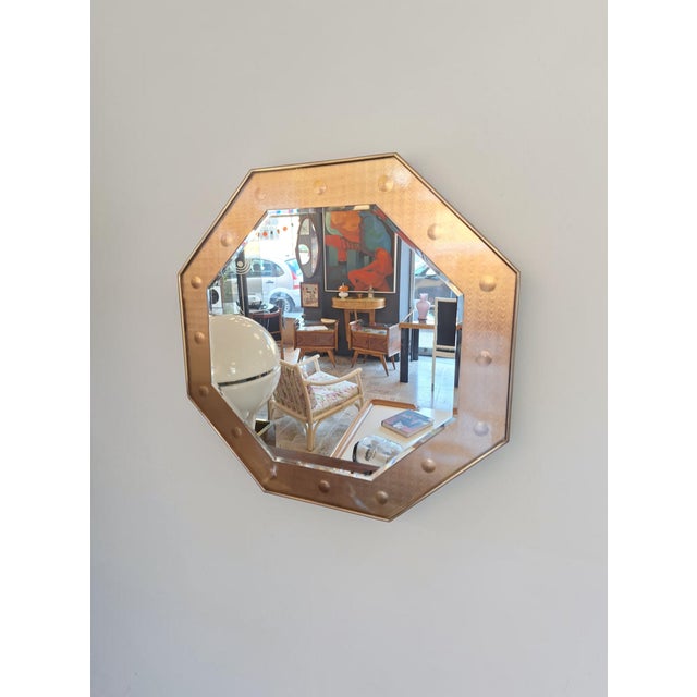 Copper Large Vintage Octagonal Mirror in Stained Glass and Brass, Italy, 1970s For Sale - Image 8 of 8