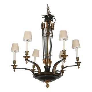 Late 20th Century Empire Style Six Light Tole Chandelier With Arrow Motif For Sale