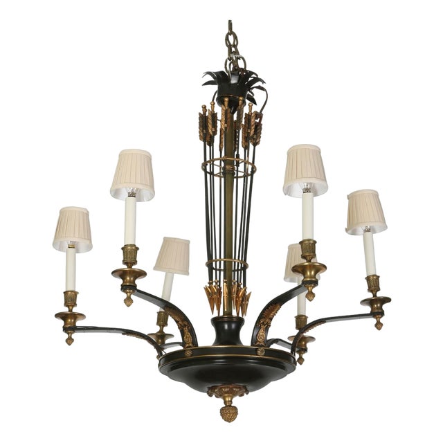 Late 20th Century Empire Style Six Light Tole Chandelier With Arrow Motif For Sale