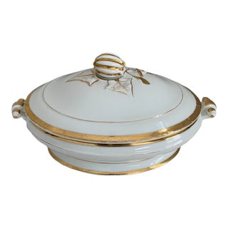 19th-Century French Gilt Porcelain Covered Serving Dish With Gourd Finial, C. 1860–1880 For Sale