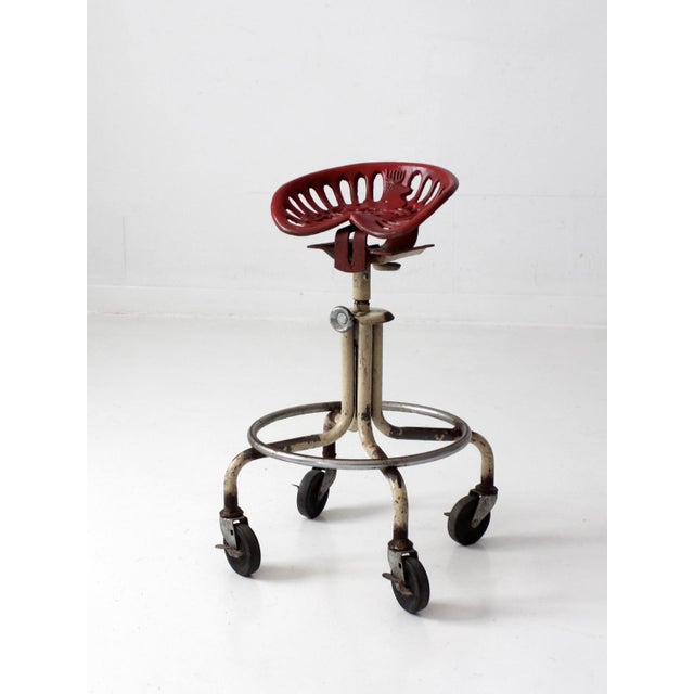 Vintage Industrial Rolling Stool With Cast Iron Tractor Seat For Sale - Image 6 of 18