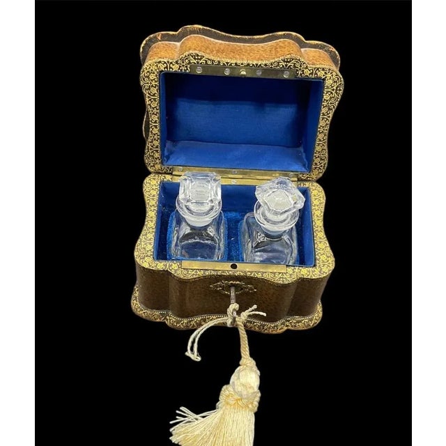 Brown Antique Traveling Perfume Bottle in Leather Bound Ornate Case and Blue Velvet, 1800s For Sale - Image 8 of 12