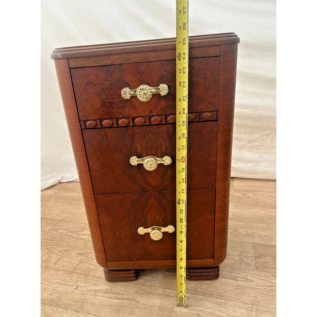 1920s Art Deco Side Table, Nightstand, Chest of Three Drawers, Walnut, Brass Pulls For Sale - Image 9 of 13