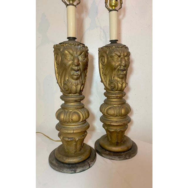 Victorian Pair Antique Large Hand Carved Victorian Wood Architectural Salvage Table Lamps For Sale - Image 3 of 14