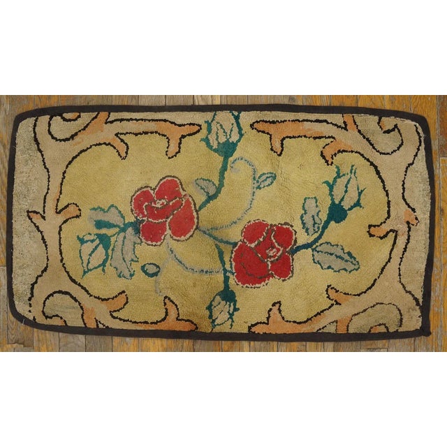Considerable Yellow Mustard Color With Lovely Florid Design Antique American Hooked Rug For Sale - Image 9 of 9