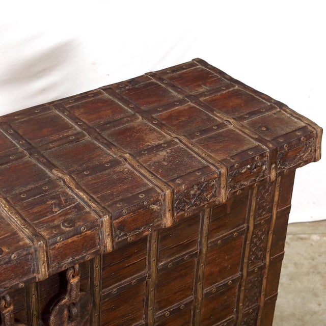 Indian Antique Indian Teakwood and Brass Pitara Chest Console For Sale - Image 3 of 8