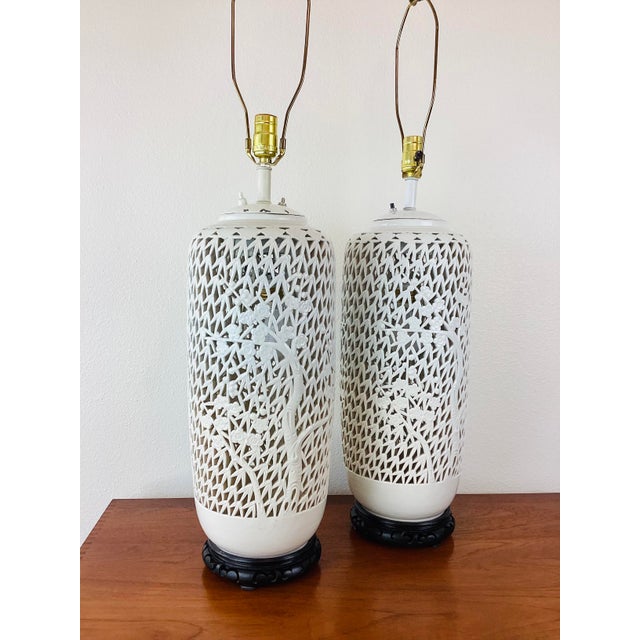 Ceramic Vintage 1960s Blanc De Chine Pierced Porcelain Cherry Blossom Pair of Table Lamps For Sale - Image 7 of 8