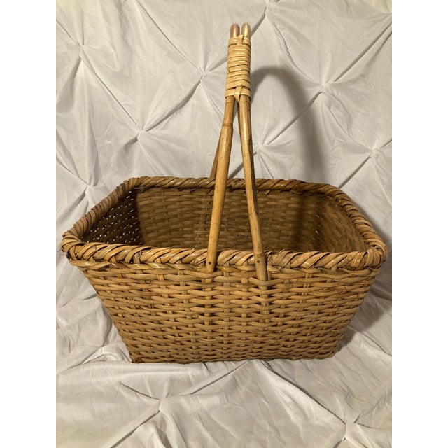 Brown Vintage American Made Basket. Handwoven Large Natural Market Basket With a Classic Rectangular Shape and Arched Handles. Rustic and Elegant For Sale - Image 8 of 11