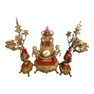 Large Ornate Vintage Imperial French Continental Style Mantel Clock With Two Candelabras