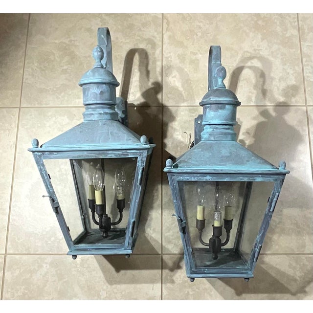 Large Pair of Vintage Solid Brass Wall Lanterns - 12”x 12”x 24” For Sale - Image 14 of 15