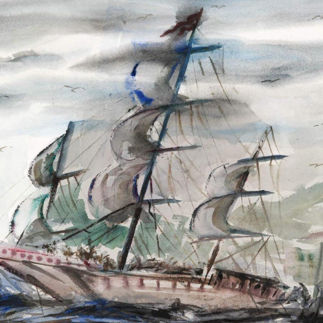 This Framed Signed Maurice Logan Nautical Watercolor captures an expressive maritime scene of a tall ship navigating...