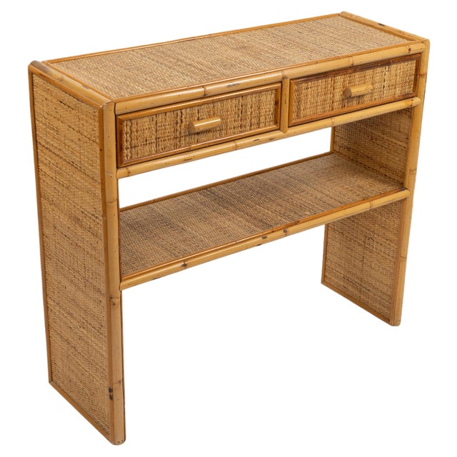 Mid-Century Bamboo and Rattan Console Table with Drawers, 1970s For Sale