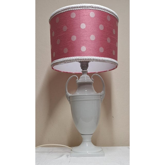 German White Glazed Porcelain Table Lamp with Handmade Fabric Shade, 1970s For Sale - Image 6 of 10