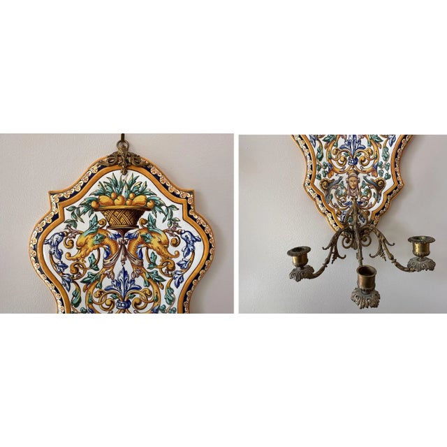 French Early 20th Century Gien Faience Pottery Wall Sconce Pair: Majolica Floral, Dolphin Motif - a Pair For Sale - Image 3 of 10