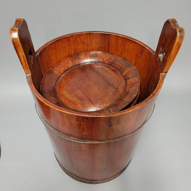 Wood Circa 1930 Japanese Wood Lidded Storage Bucket With 10 Plates For Sale - Image 7 of 10