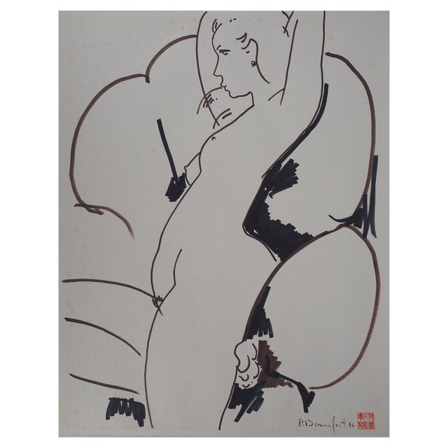 Alain Bonnefoit, Nude in Design Chair, Ink Drawing For Sale