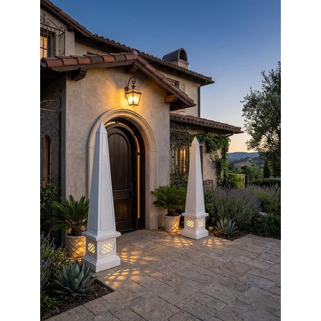 Stone Pair of Grand Classical Cast Stone Garden Obelisks on Lattice Plinths For Sale - Image 7 of 11