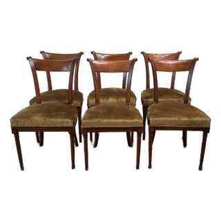 Mid 20th Century Directoire Style Walnut Dining Chairs With Schumacher Venetian Silk Velvet- Set of 6 For Sale