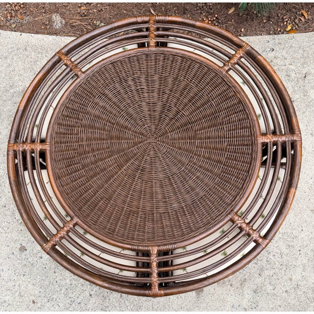 Vintage Rattan Round Glass Top Coffee Game Table With 4 Cushioned Stools For Sale - Image 10 of 12