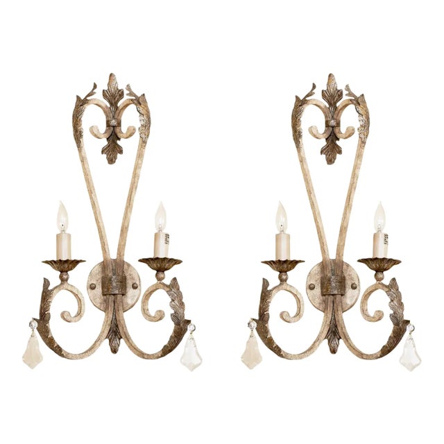 Vintage-Style White and Silver Hollywood Regency-Themed Wrought Iron Wall Lamps - a Pair For Sale - Image 10 of 10
