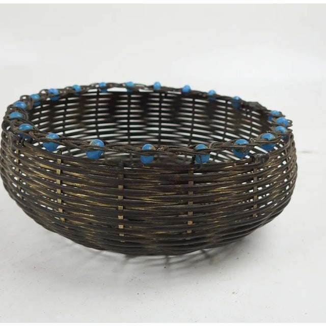 Vintage early 20th century woven silverplate basket with blue beads along edge. A souvenir piece from San Antonio with an...