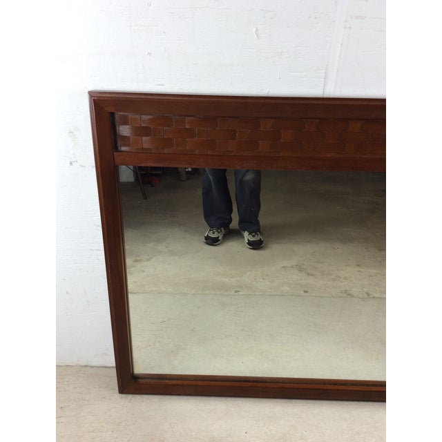 Wood Mid Century Modern Long Rectangular Wall Mirror With Basket Weave Detail on Top Frame For Sale - Image 7 of 9