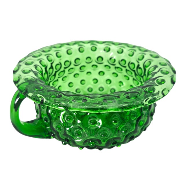 Glass Vintage Green Hobnail Handled Chamber Pot Glass Bowl, 7.5" For Sale - Image 7 of 14