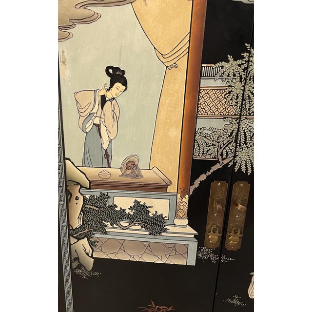 Chinese Mid-Century Chinese Black Lacquer Cabinet With Mother of Pearl Inlays For Sale - Image 3 of 17
