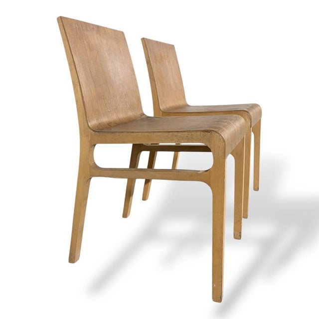 A stylish pair of bentwood plywood dining chairs, featuring a clean and sculptural modernist design. The chairs are formed...