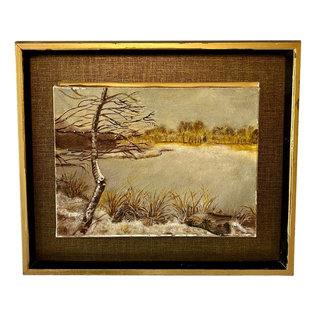 Vintage Original Landscape Winter Frozen Lake Oil on Canvas Signed by the Artist For Sale