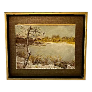 Vintage Original Landscape Winter Frozen Lake Oil on Canvas Signed by the Artist