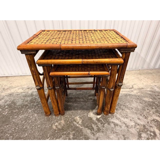 Hollywood Regency Vintage Chinoiserie Burnt Bamboo, Cane Nesting Tables - Set of 3 For Sale - Image 4 of 9