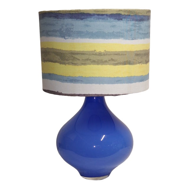 Vintage Table Lamp with Internally Illuminated Blue Glass Base and Fabric Shade, 1970s For Sale