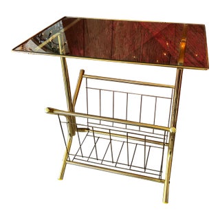 Vintage Brass & Glass Magazine Rack With Tempered Glass Top Mid-Century Modern Style For Sale