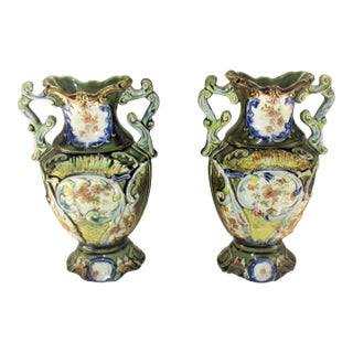 Pair of Late 19th Century Antique Ornate Green & Yellow With Flowers Majolica Vases For Sale