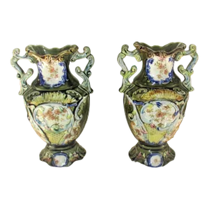 Pair of Late 19th Century Antique Ornate Green & Yellow With Flowers Majolica Vases