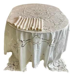 Hand Cutwork Embroidered Rectangular White Linen Tablecloth With 10 Plain White Napkins