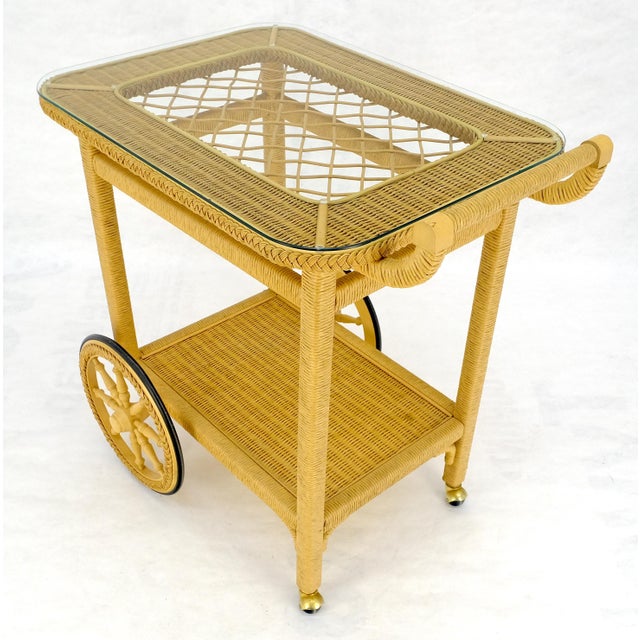 Mint c1960s Mid Century Modern Blond Wicker Serving Table Bar Cart For Sale - Image 14 of 15