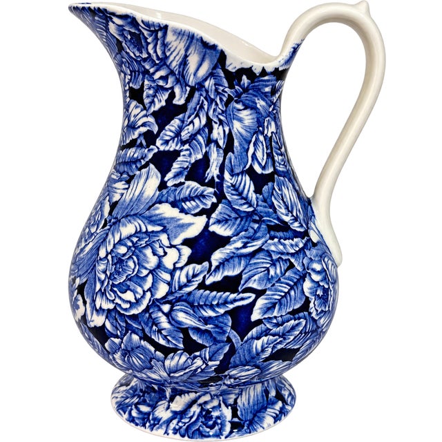 Beautiful vintage Blakeney Ironstone Staffordshire, England pitcher and wash basin set featuring an elaborate blue-and-...