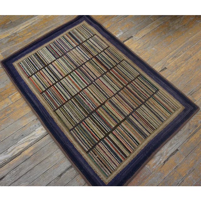 1920s Multi Purple Stripe Folk Art Antique American Hooked Rug 2'7" X 3'8" Knotted Wool Carpet For Sale - Image 4 of 13
