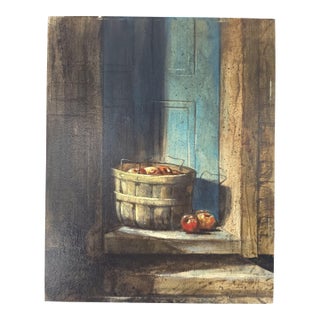 Fine Antique Vintage Oil Painting on Artist Board Basket of Apples on Doorstep For Sale